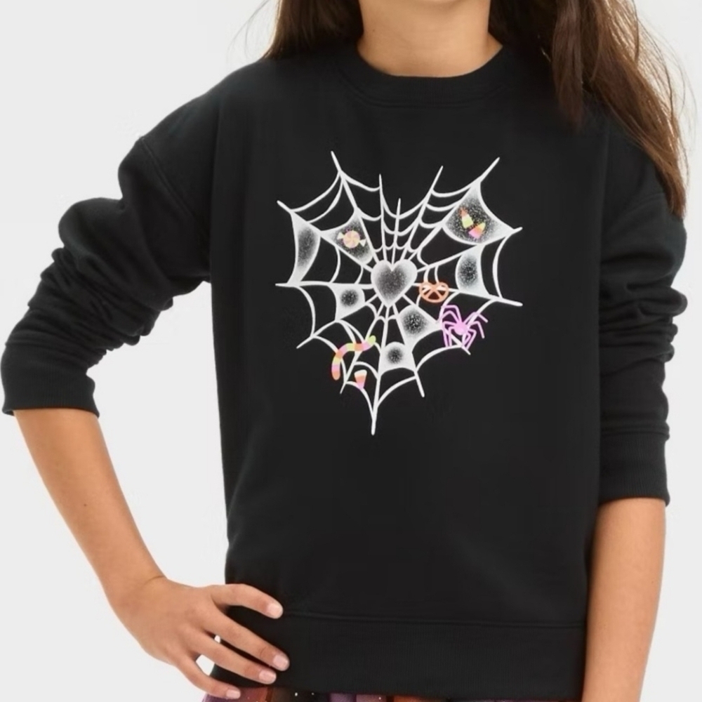 NWT Cat & Jack Black Heart Spiderweb Halloween Sweatshirt Girl's XL (14) New